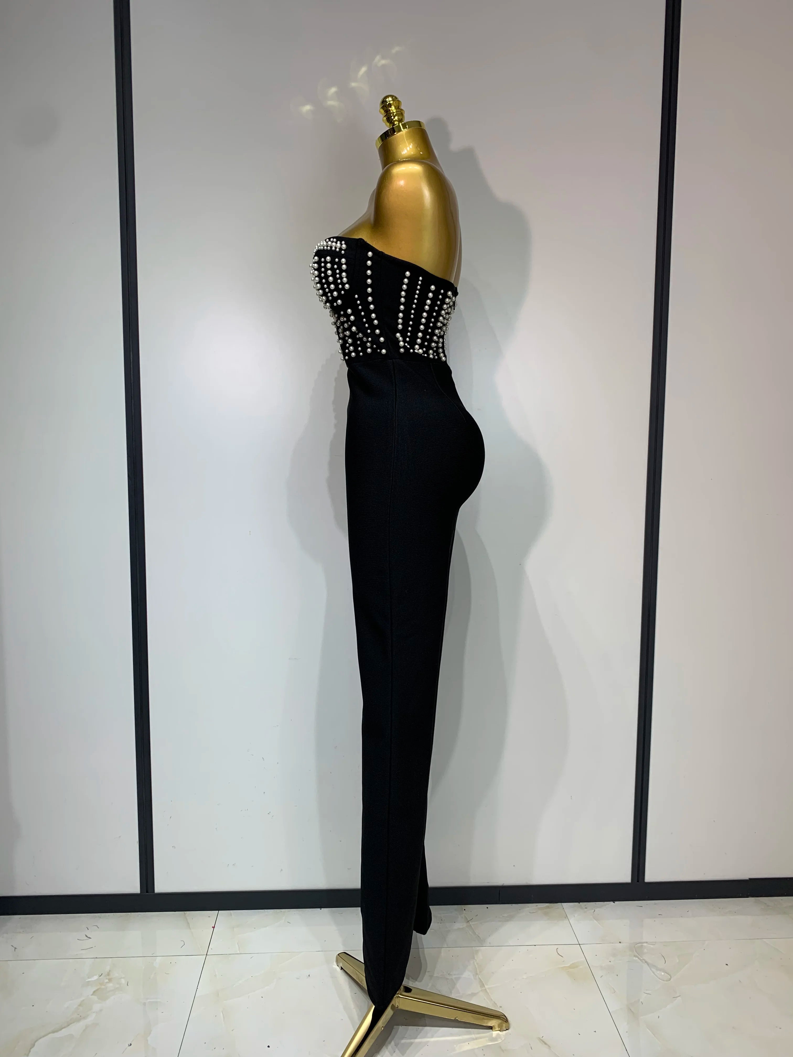 Women Sexy Black Sleeveless Backless Pearls Beaded StraplessBeading Bodycon Bandage Jumpsuit Evening Party Birthday Club Outfit