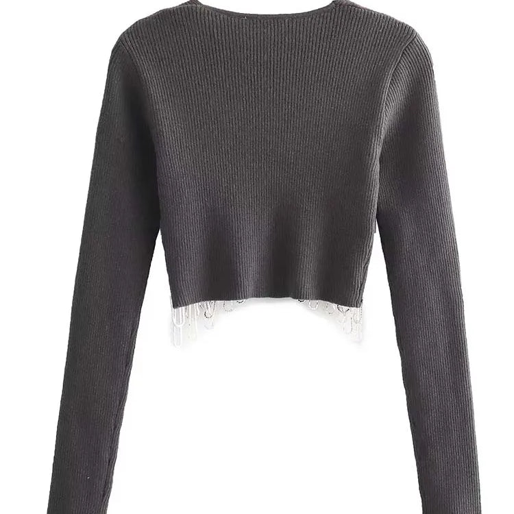 Women Fashion V Neck Ribbing Knitting Short Blouse Female Hem Diamond Tassel Slim Shirt Female Chic Blusas Tops