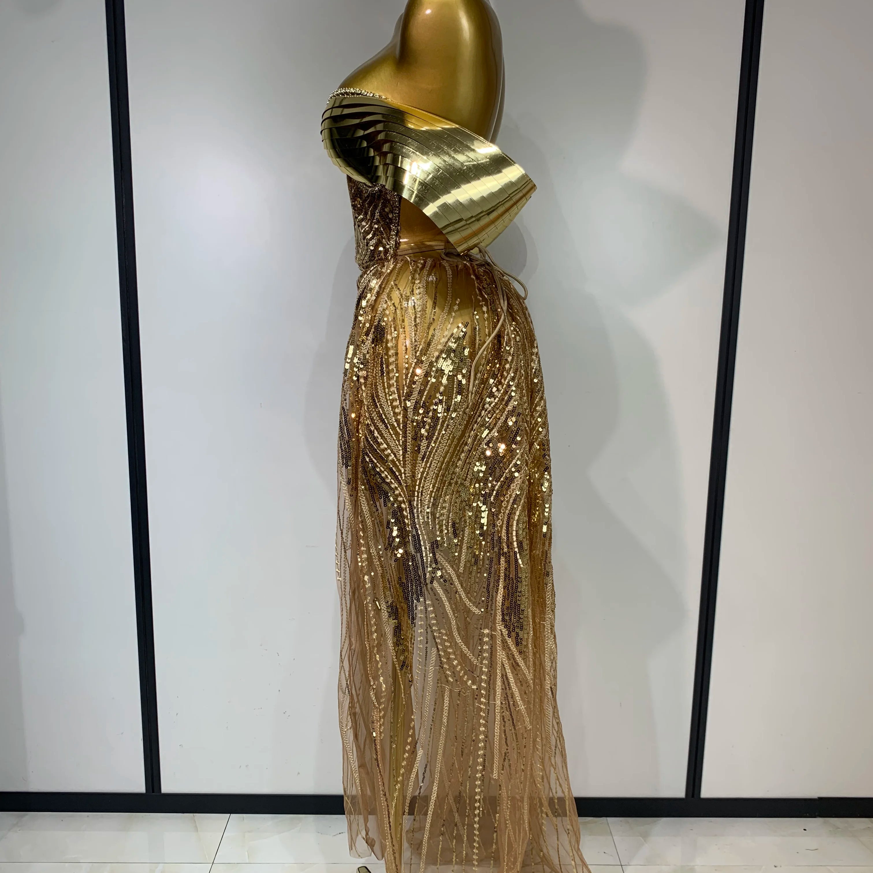 Sparkly Gold Long Dress Luxury Rhinestone Sequins See Thourgh Birthday Gown Sexy Off Shoulder Performance Singer Costume
