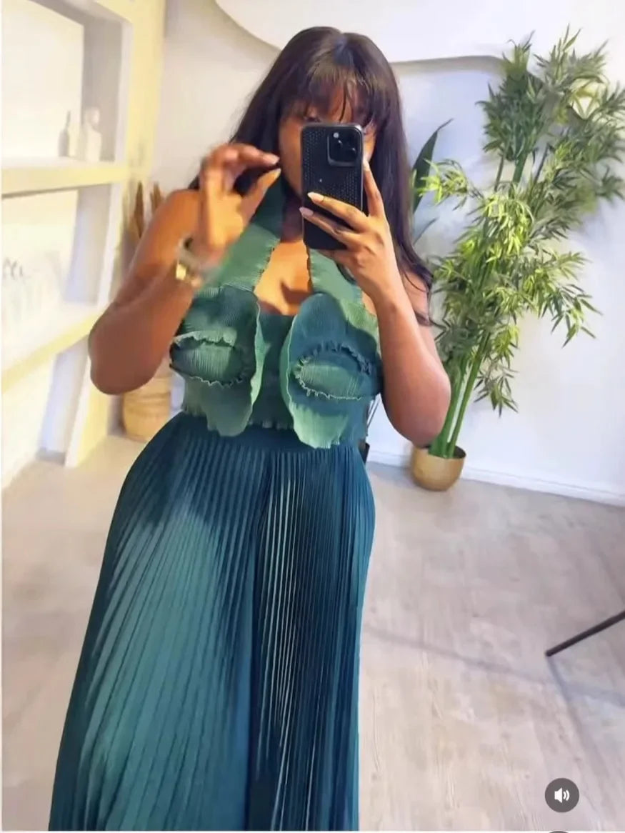 CM.YAYA Streetwear Women's Set Sleeveless Halter Crop Pleated Top+Wide Leg Pants Elegant 2024 Fall Party Two 2-Piece Set Outfits Dark Green One Size