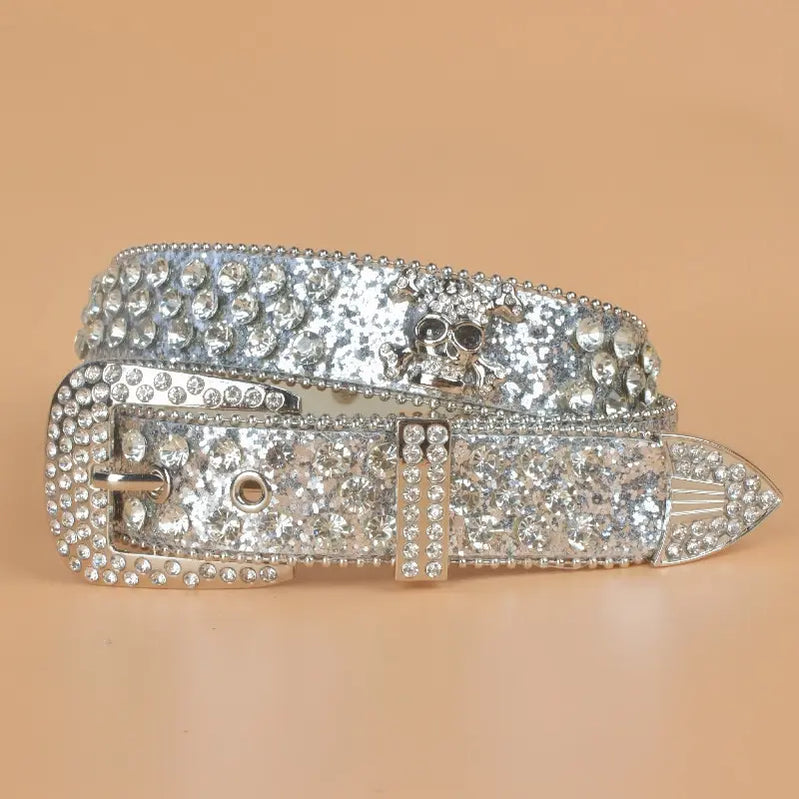 Halloween Belt Ladies Skull Rhinestone Belts European and American Style Women Stretching Denim Outdoor Style Belt Silver