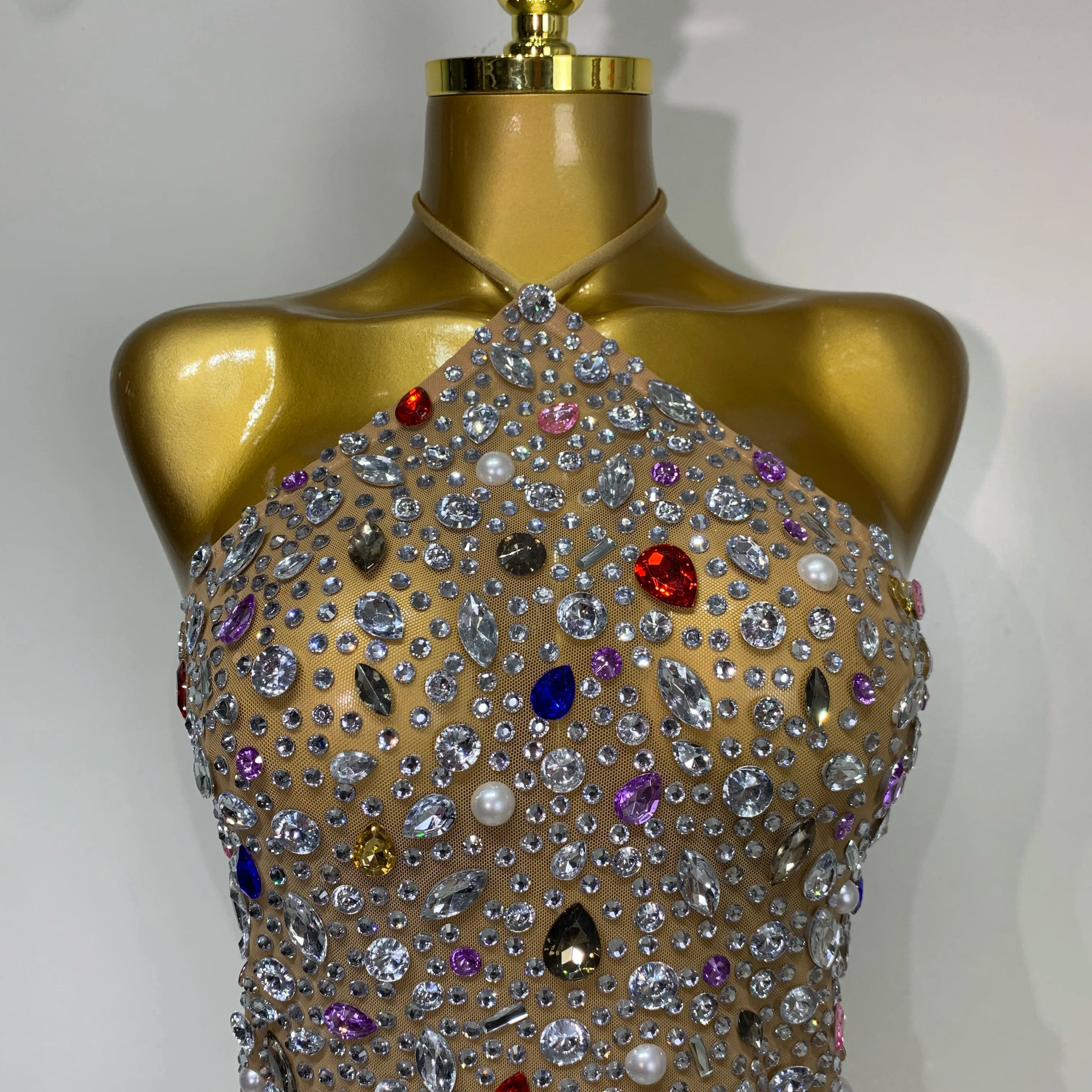 Colorful Crystals Diamond Women Sexy Halter Mesh See Through Bodycon Dress Nightclub Evening Party Celebrate Birthday Costume