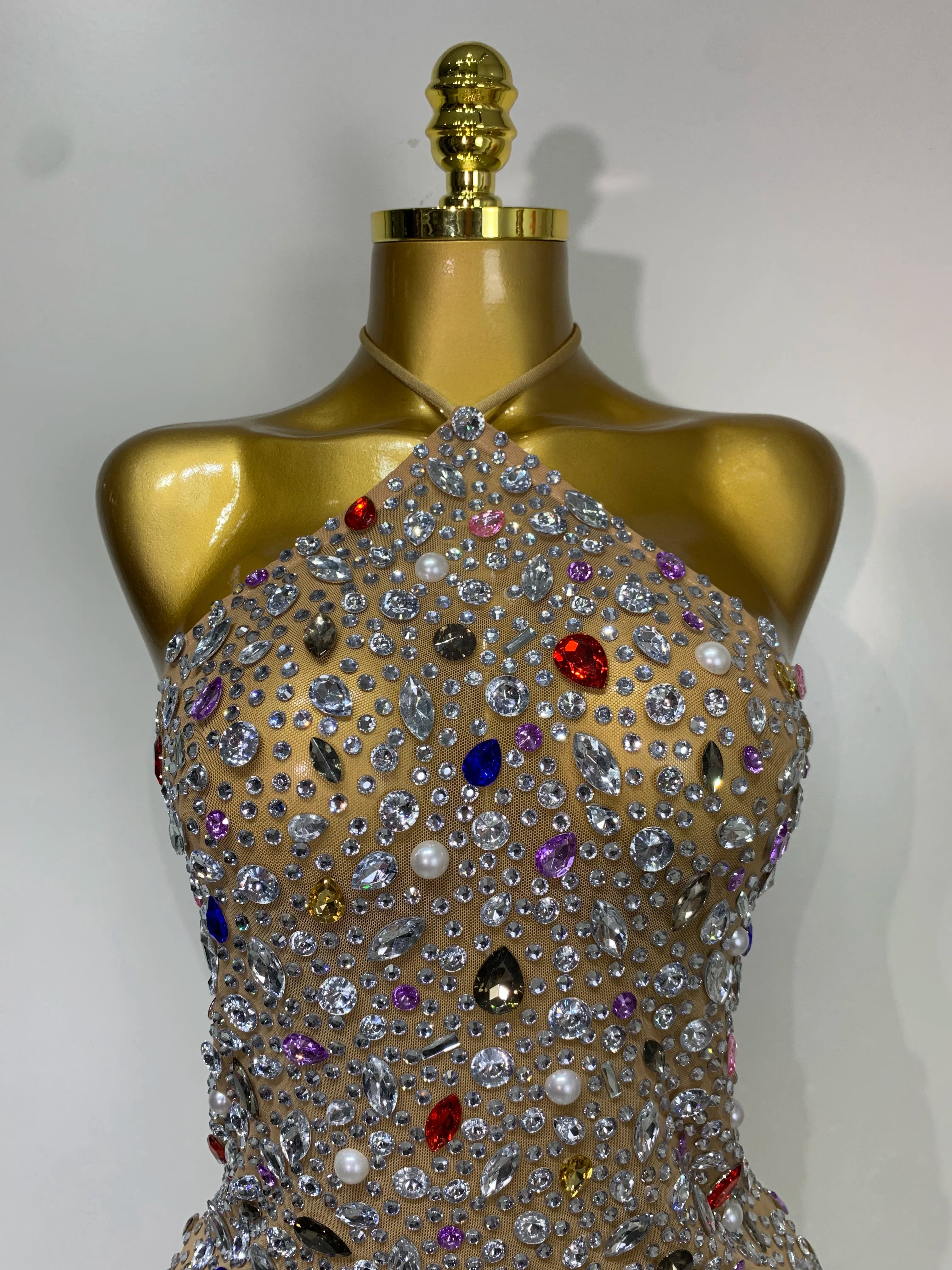 Colorful Crystals Diamond Women Sexy Halter Mesh See Through Bodycon Dress Nightclub Evening Party Celebrate Birthday Costume