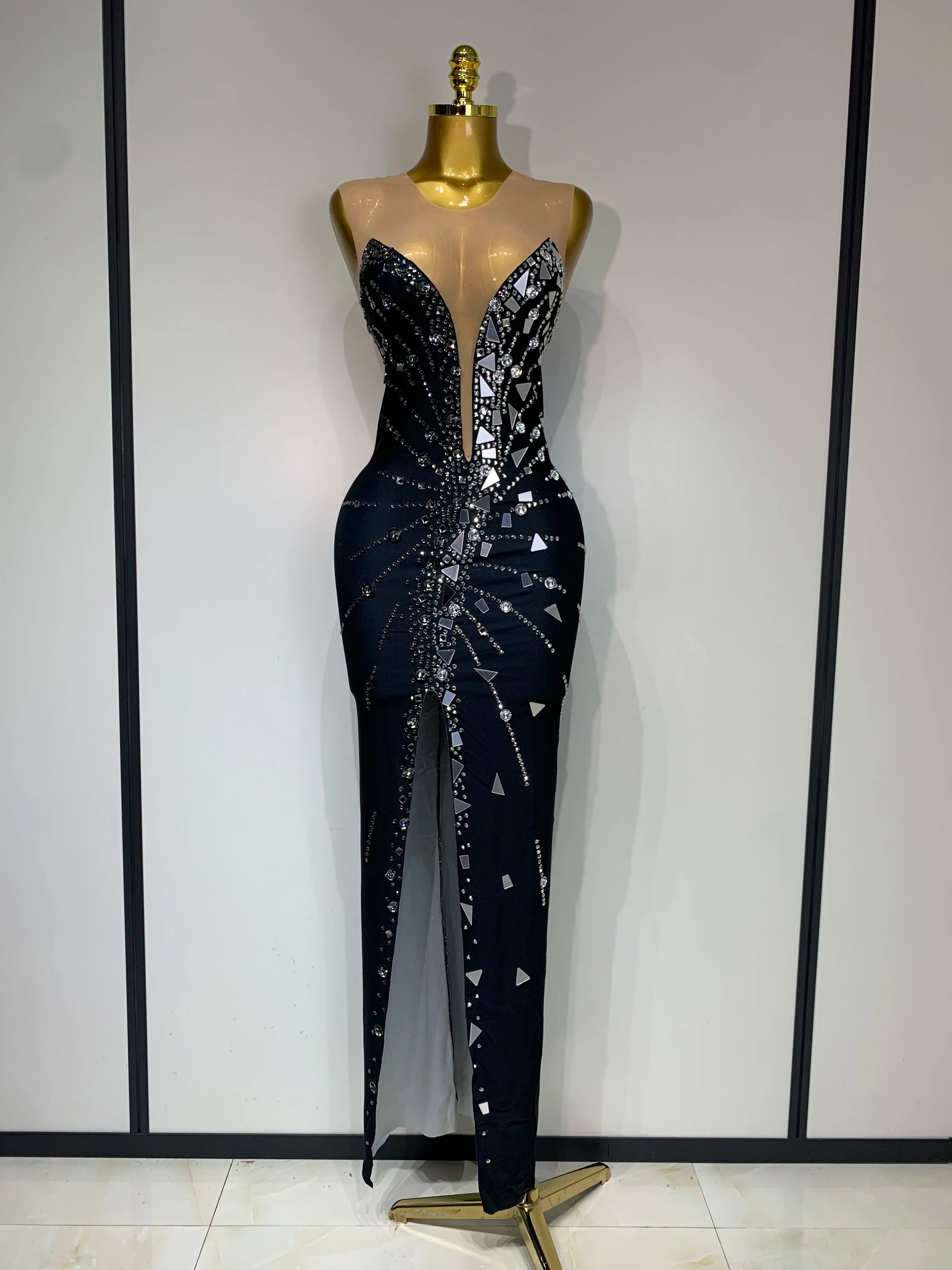 Vestido preto com patchwork e strass, com lentes de laço, vestido longo para festa, comemoração, baile de formatura, palco, festival