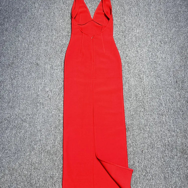Women Sexy V Neck Backless Red Maxi Long Summer Celebrity Bodycon Bandage Dress 2025 Elegant Evening Club Party Dress