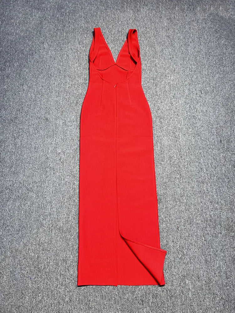 Women Sexy V Neck Backless Red Maxi Long Summer Celebrity Bodycon Bandage Dress 2025 Elegant Evening Club Party Dress