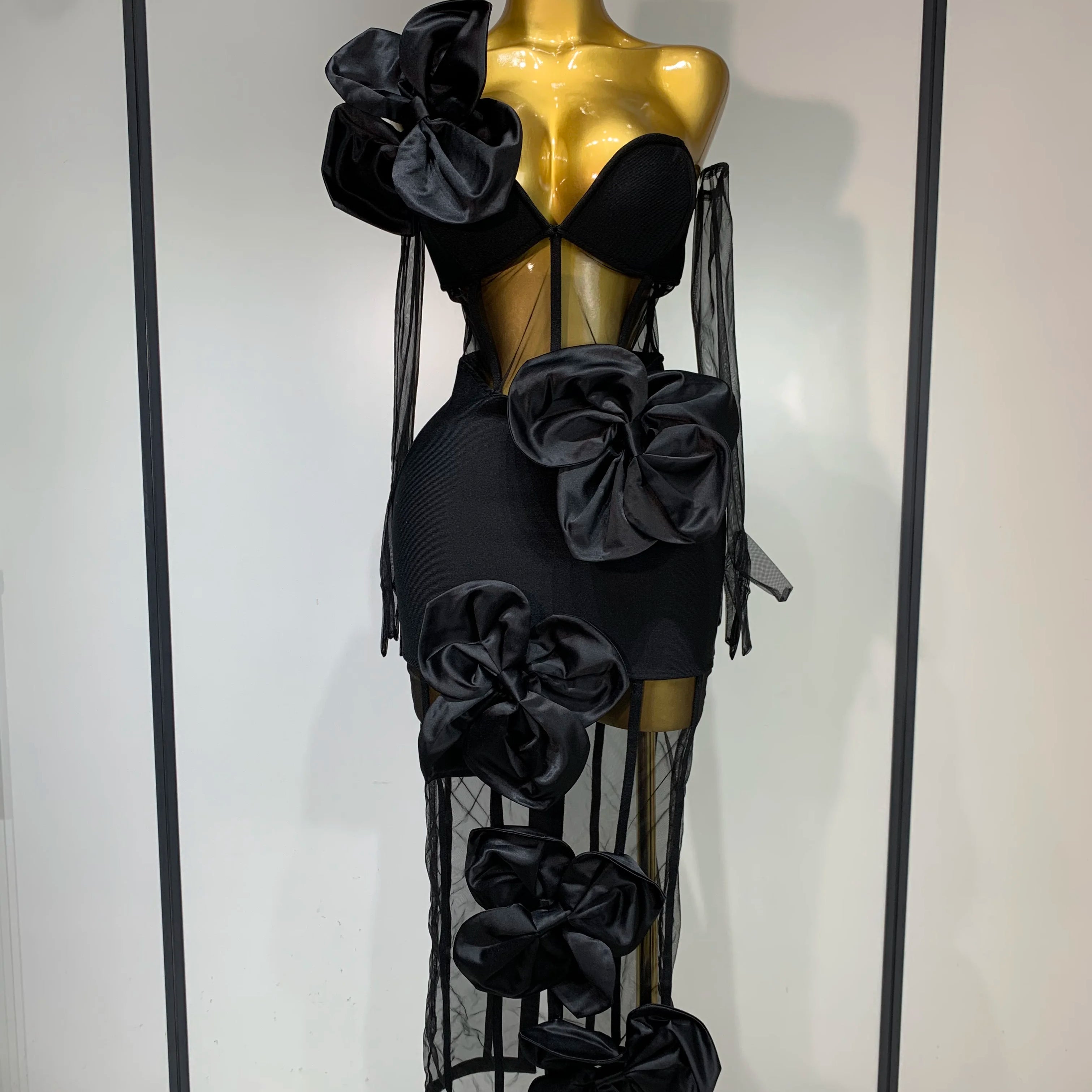 Women Sexy One Shoulder Bow Mesh See Through Bandage Bodycon Dress With Gloves Black Sleeveless Elegant Party Birthday Dresses