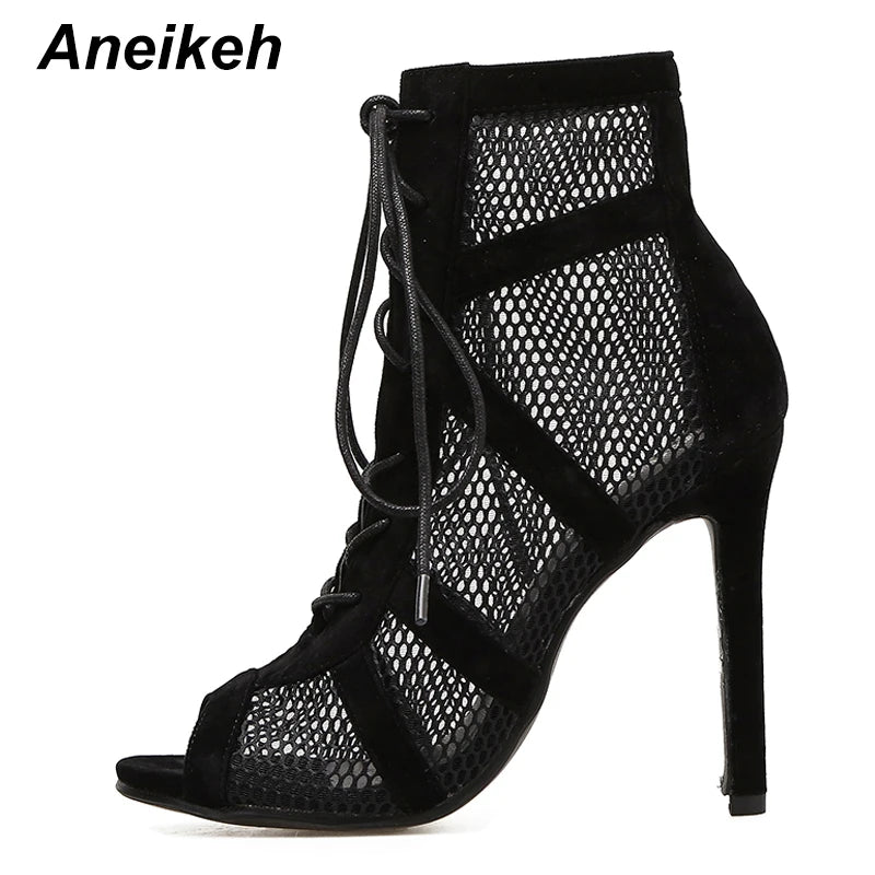 Black Mesh Women's Boots Fashion Peep Toe Lace-up High Heels Women Transparent Ankle Boots Female Sandals Pumps Dress