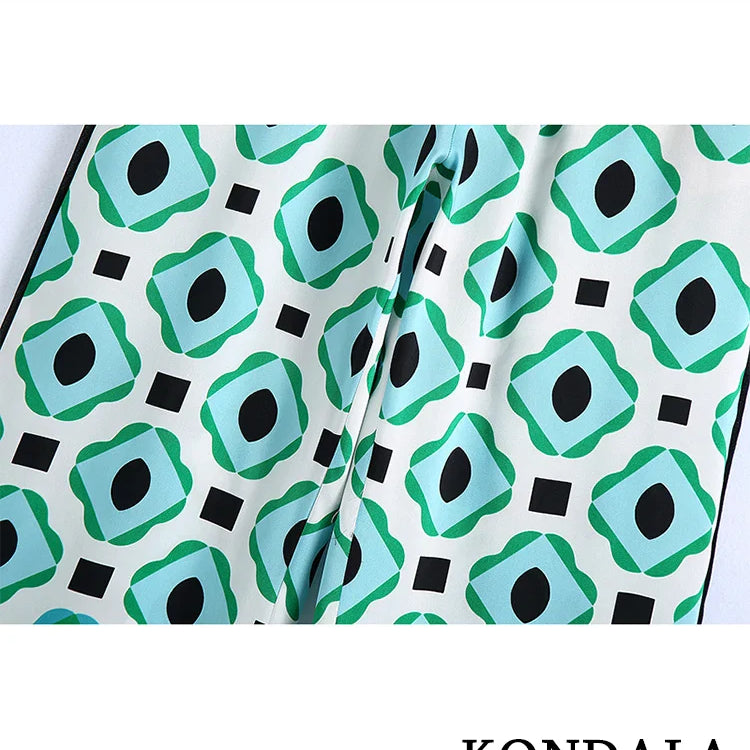 KONDALA Geometric Print Vintage Women Suits Autumn Fashion Oversized Long Shirts and High Waist Wide Leg Pants Women Set