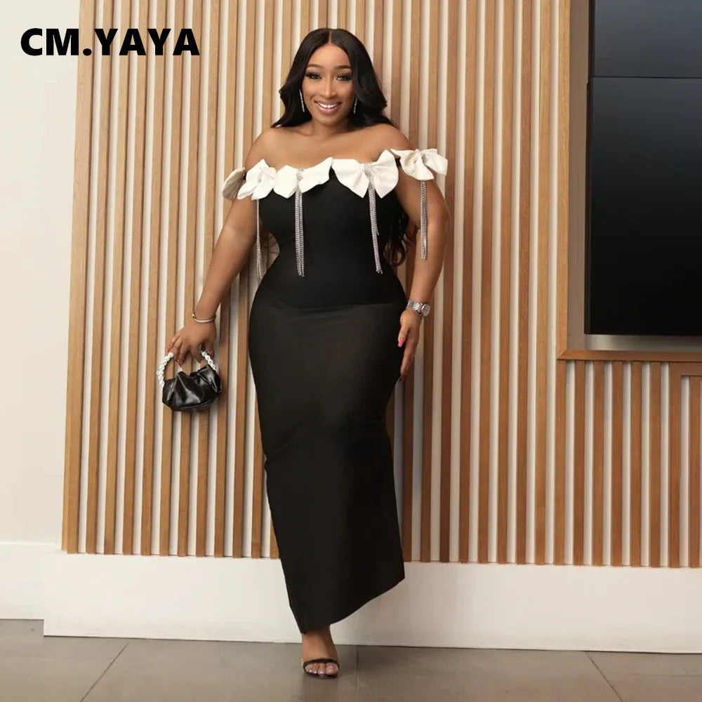 CM.YAYA Women Bow Tassel Slash Neck Maxi Dress 2024 Fall Winter Sexy Birthday Evening Prom Party Street Long Dresses Vestidos