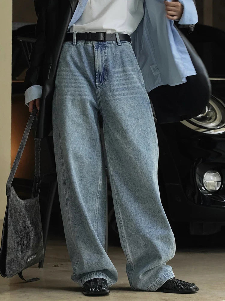 [LANMREM] Streetwear Washed Jeans For Women High Waist Straight Wide Leg Pants Fashion Female Denim Trousers Spring New