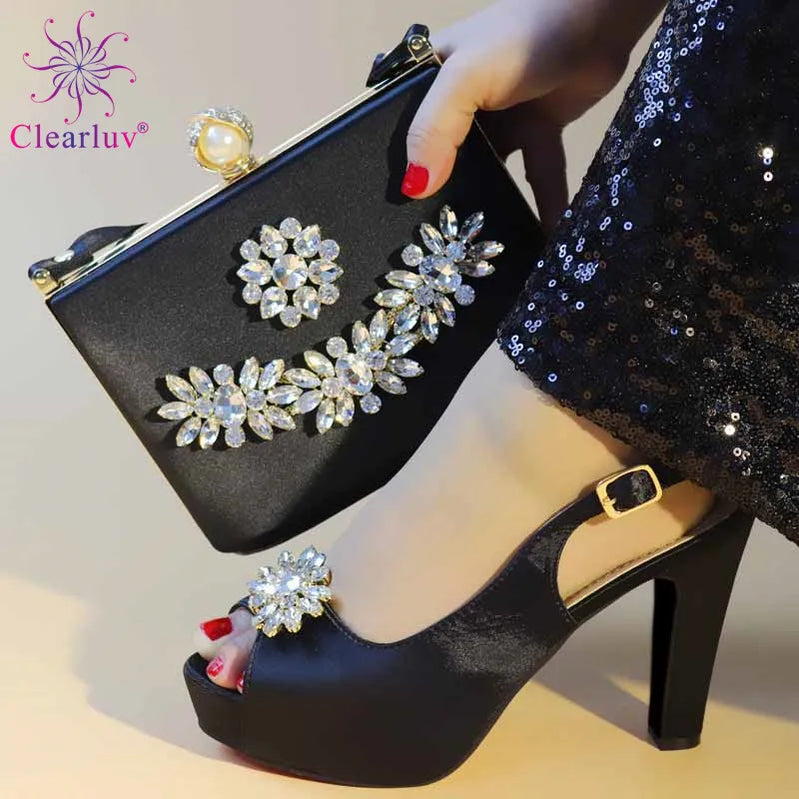 African Party Pumps Shoes and Bag Set Decorated with Rhinestone Women Shoe and Bag for Nigeria Party black