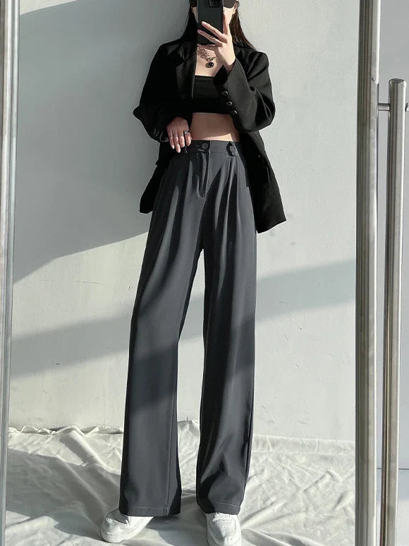 Summer Ice Silk Wide Trousers for Women Loose White Thin Straight Pants Elegant Office Women Baggy Stacked Pants Sweatpants Black
