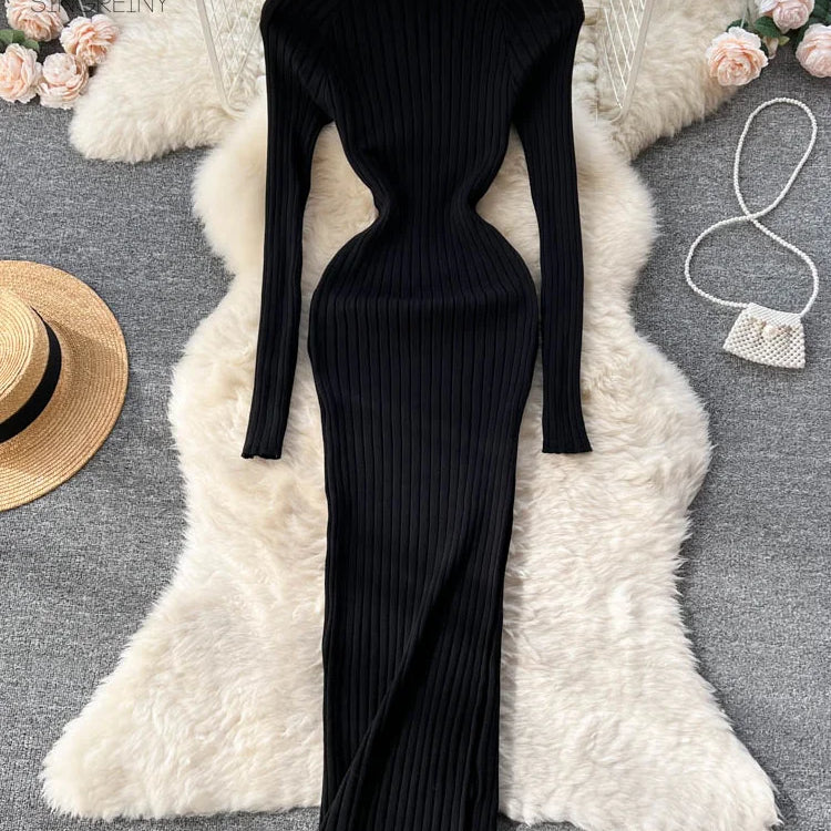 Winter Women Knit Maxi Dress O Neck Autumn Long Sleeve Slim Solid Harajuku Ladies Fashion Pencil Sweater Long Dresses