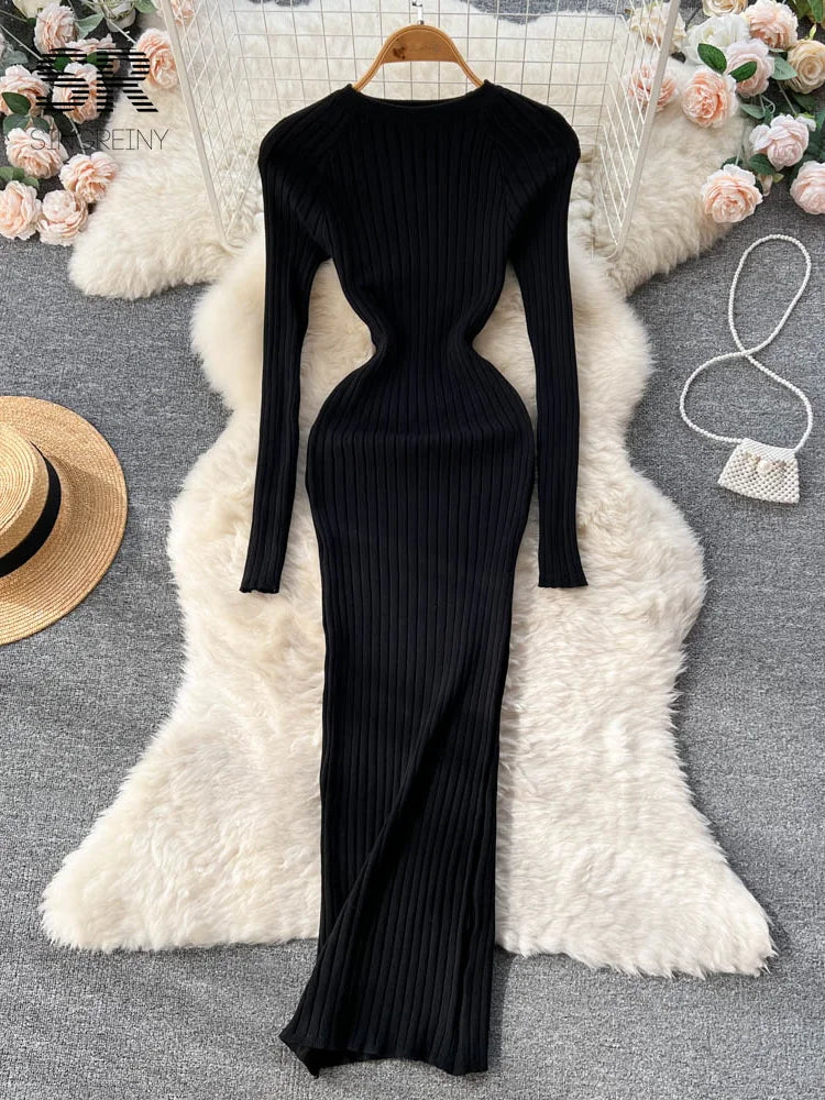 Winter Women Knit Maxi Dress O Neck Autumn Long Sleeve Slim Solid Harajuku Ladies Fashion Pencil Sweater Long Dresses