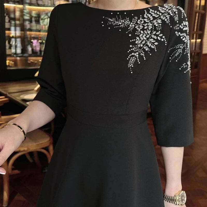 TWOTWINSTYLE Solid Slimming Elegant Dresses for Women Slash Neck Half Sleeves Patchwork Bead Temperament Dress Female Clothing