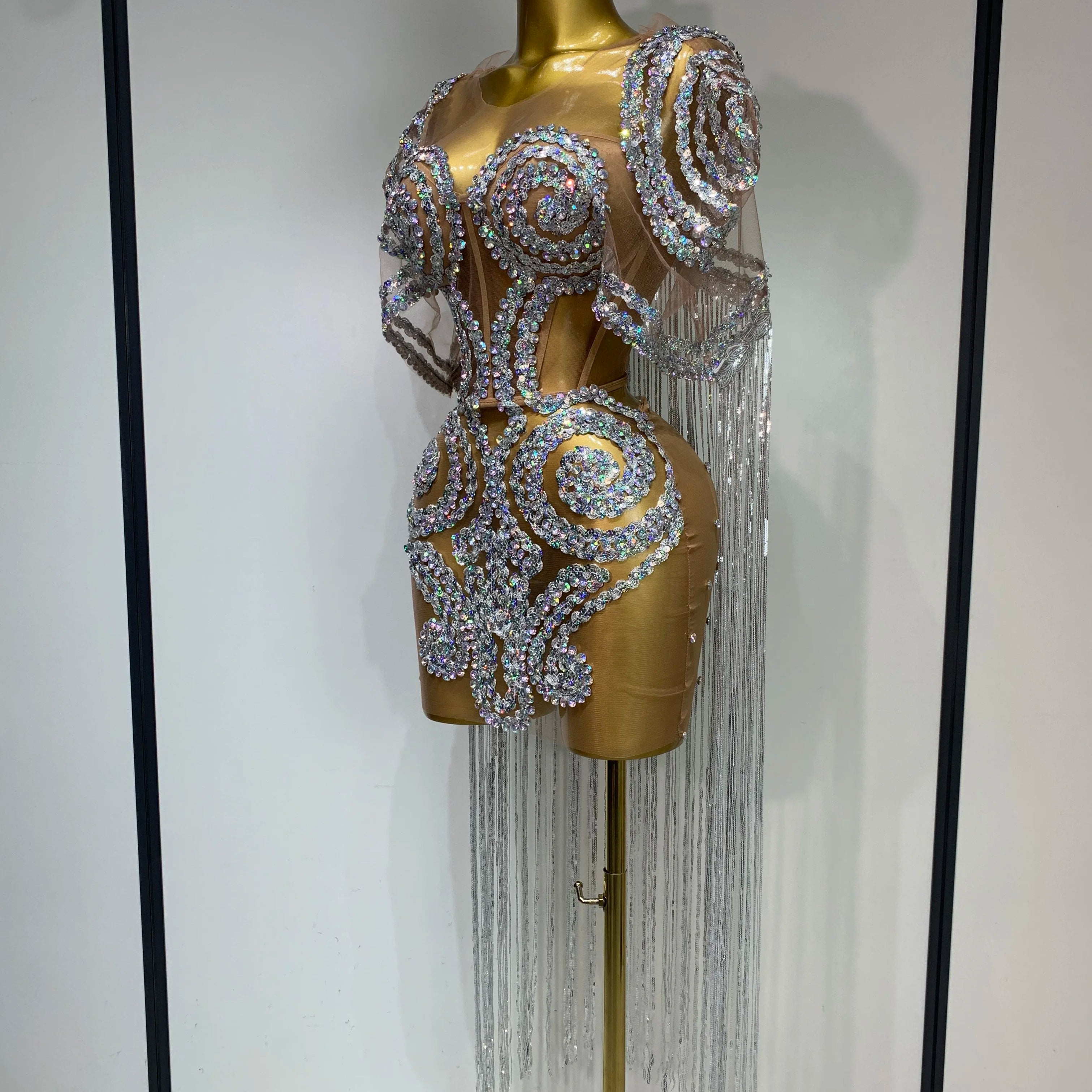 Sparkly Rhinestones Tassel Sexy Mesh Transparent Short Dress Women Evening Party Luxury Birthday Nightclub Singer Stage Costume