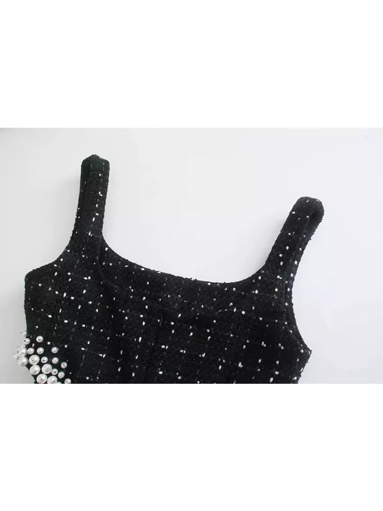 Women Sexy Waist Hollow Out Pearl Appliques Tweed Woolen Slim Mini Dress Female Chic Back Zipper Sling Vestidos