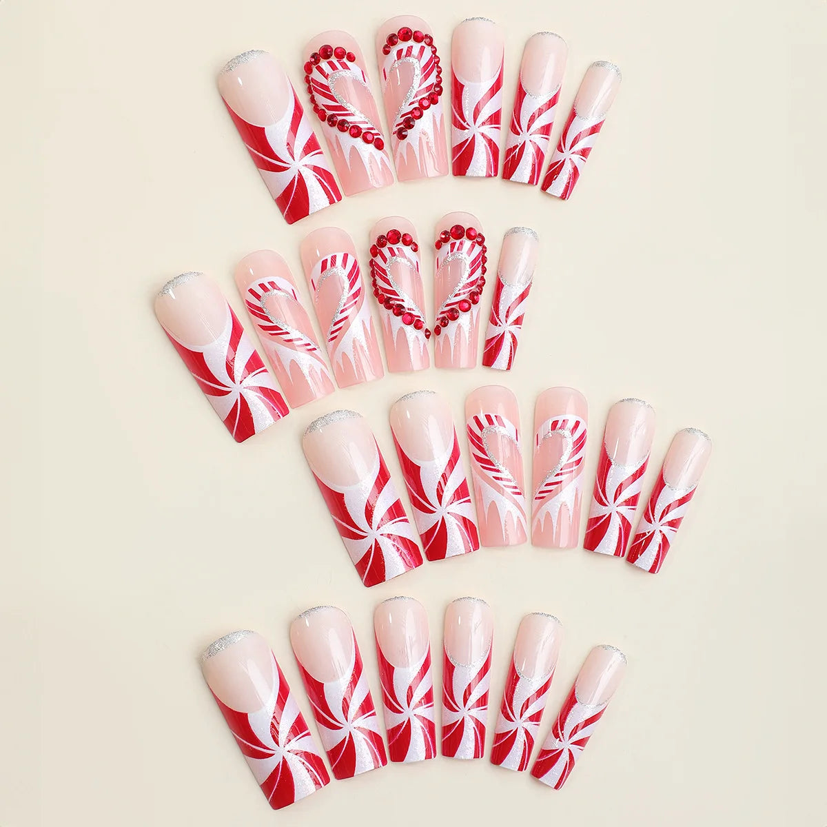 Christmas Gifts False Nails Glitter Red Rhinestone Ribbon Designs Fake Nail Patch Long Coffin Ballet Wearable Press on Nails Tip