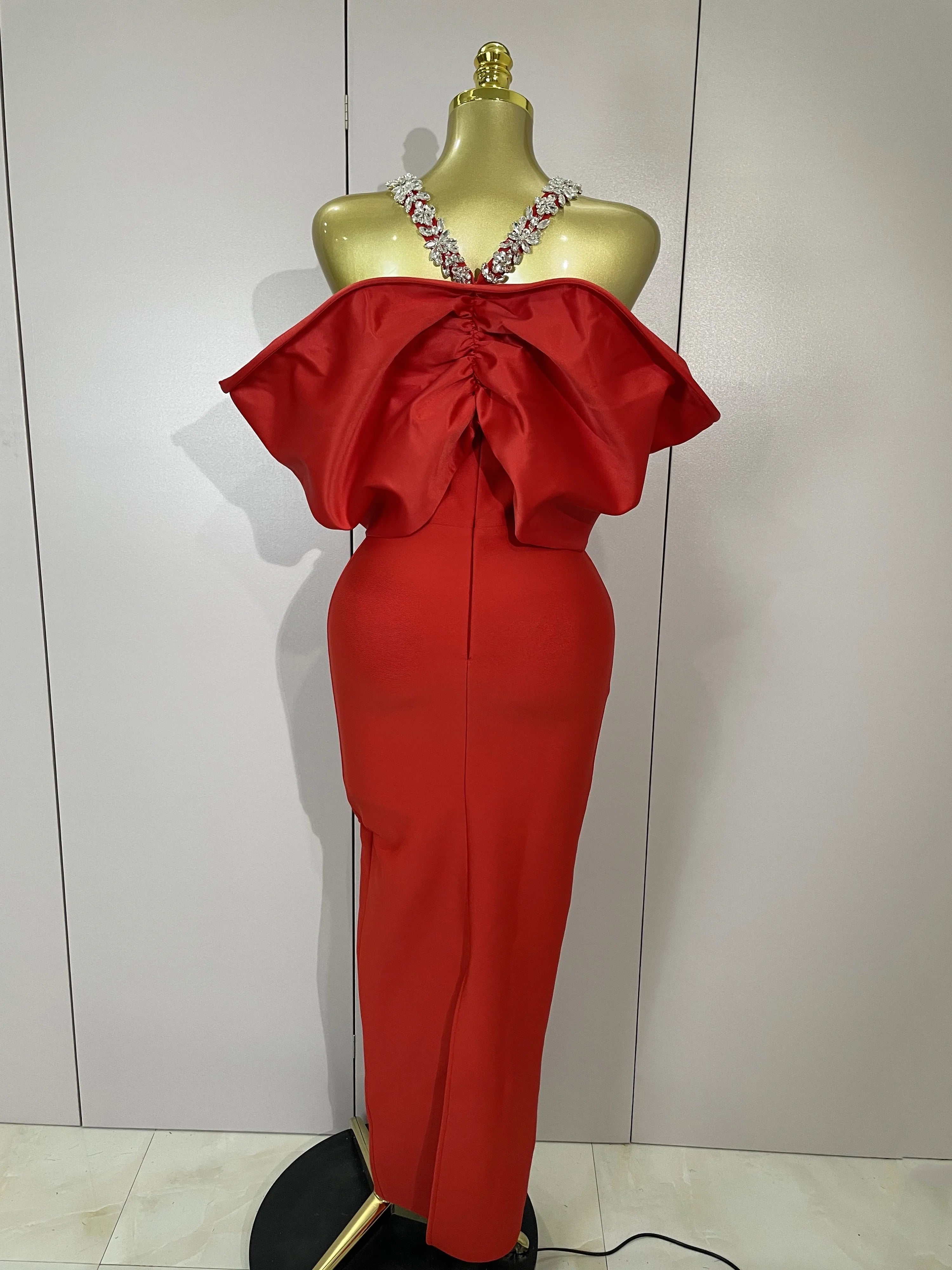 Luxury Rhinestone Chain Red Off Shoulder Vintage Butterfly Chic Bodycon Long Dress 2025 Elegant Evening Party Birtyday Clothing