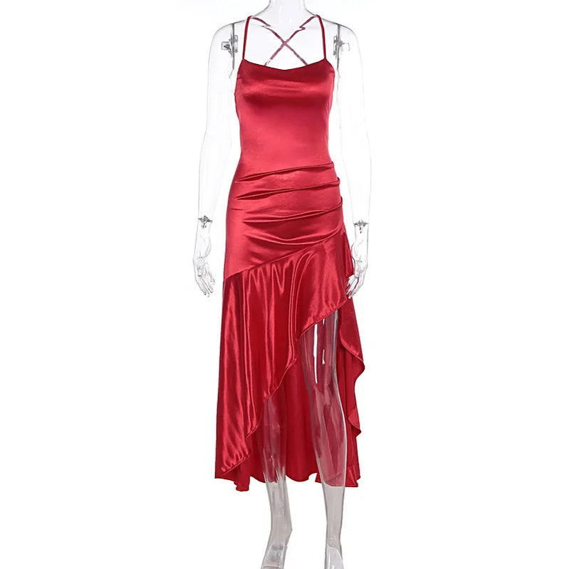 Satin Spaghetti Strap Ruffled Sexy Maxi Dress For Women Gown Red Off-shoulder Sleeveless Backless High Split Long Dress