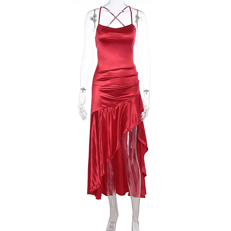 Satin Spaghetti Strap Ruffled Sexy Maxi Dress For Women Gown Red Off-shoulder Sleeveless Backless High Split Long Dress