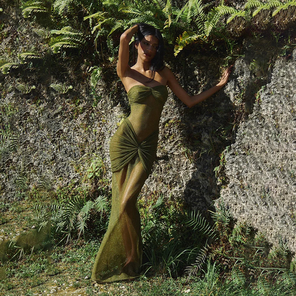 Armygreen Nude Color Women Sexy Strapless Sequins Bodycon Long Dress See Through Celebrate Nightclub Party Birthday Dress