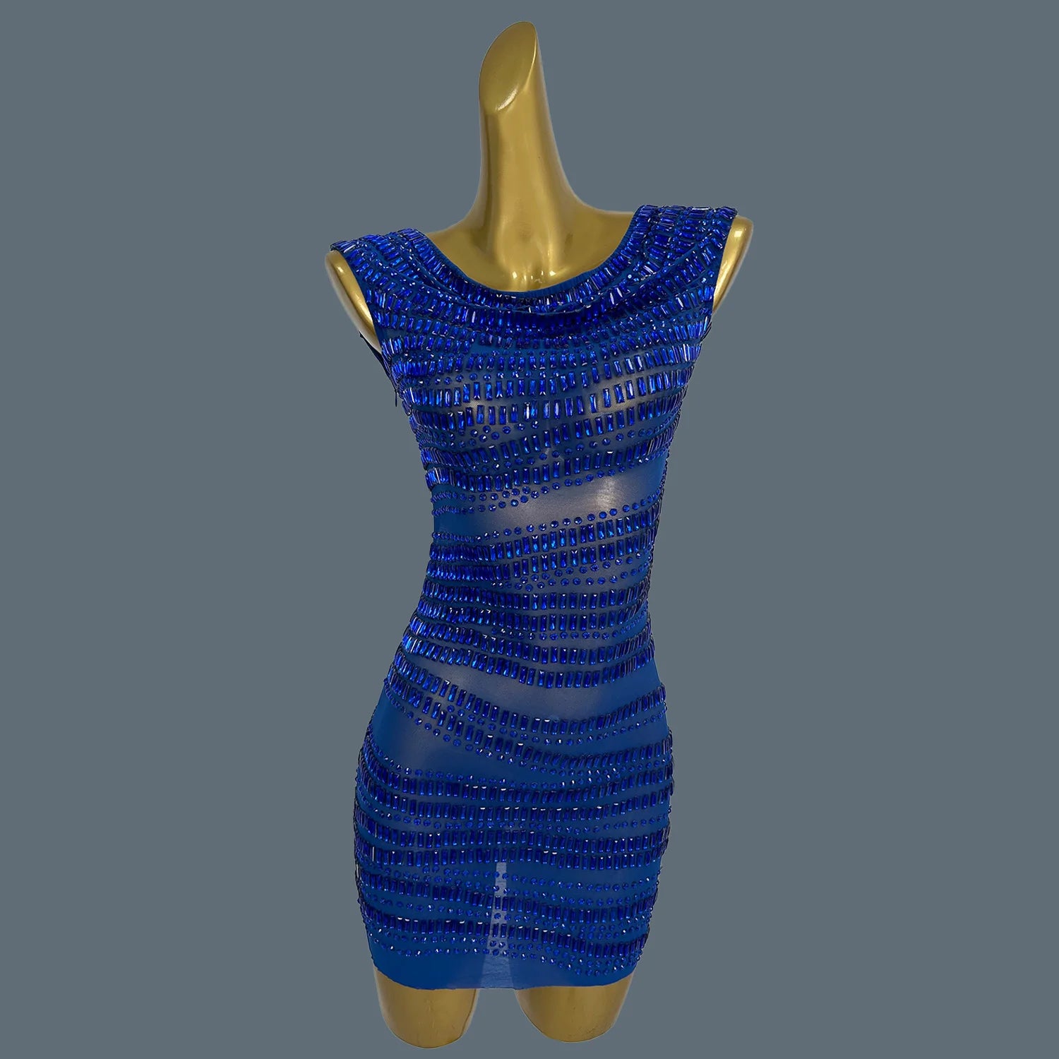 Women Sparkly Crystals Short Dress Sexy Mesh See Through Birthday Party Event Dress Show Stage Wear Performance Costume Yizijian