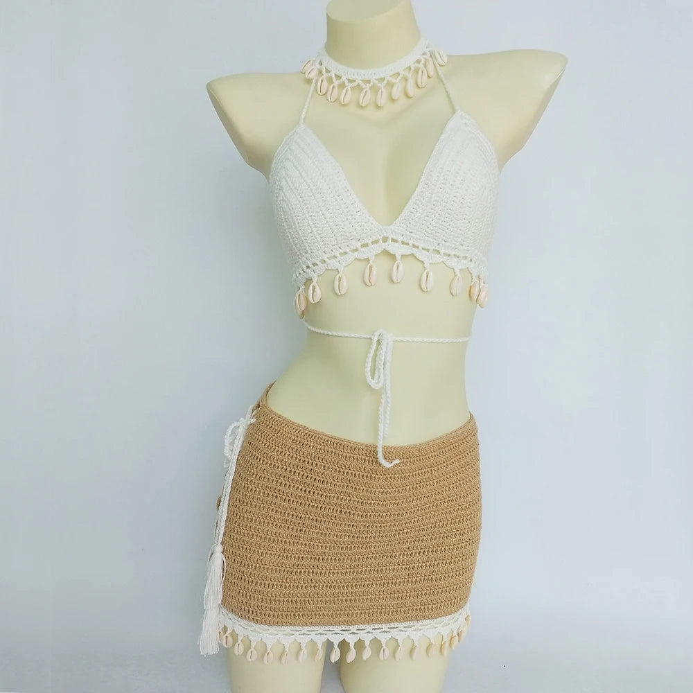 3pcs Bikini Set Woman Crochet Shell Tassel Bikini Top And Seashell Ankle Chain Sexy Beach Skirt Lace See Through Slim Mini Skirt White And Khaki