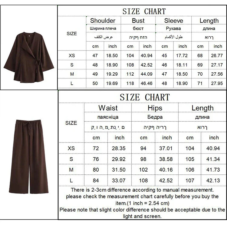 TRAF Fashion Linen 2 Pieces Women 2024 Spring Summer Kimono Style Loose Lace Up Shirts Tops Women's Wide Leg Pants Sets
