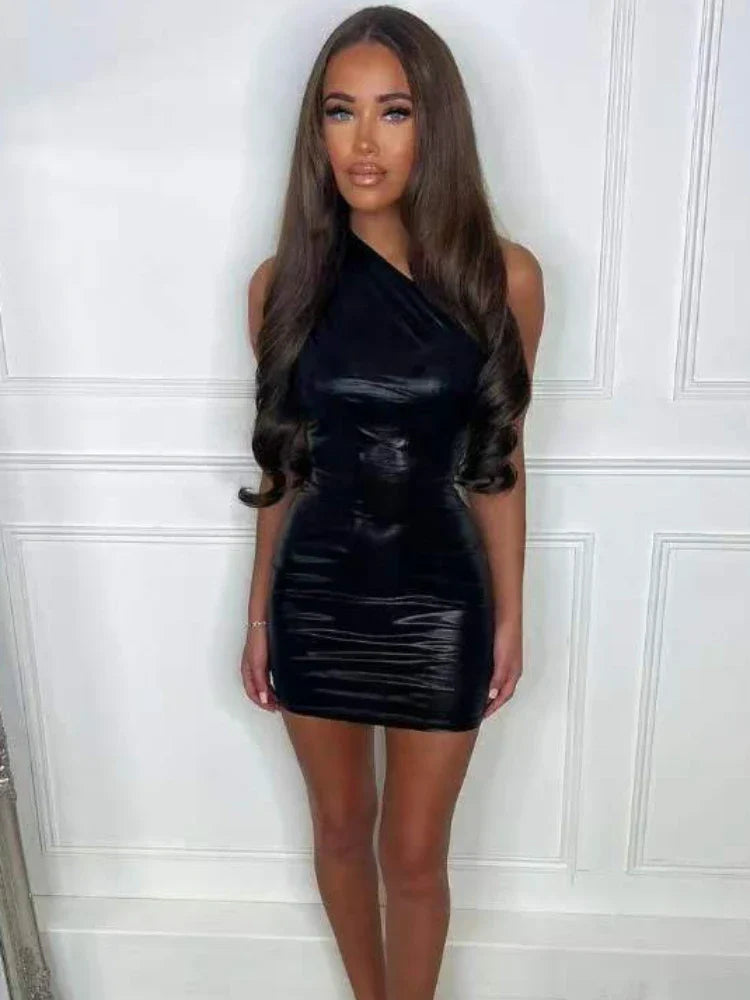 TARUXY Silver PU Mini Dress Womens Bodycon Sexy Sleeveless High Waisted Sheath Dresses Party Fashion Slim Dress Women New Black