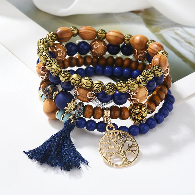 Bohemian Bracelet Creative Ladies Tree of Life Jewelry Tassel Multi-layer Wooden Beaded Ethnic Style Fashion Women Bracelets YA7314-2