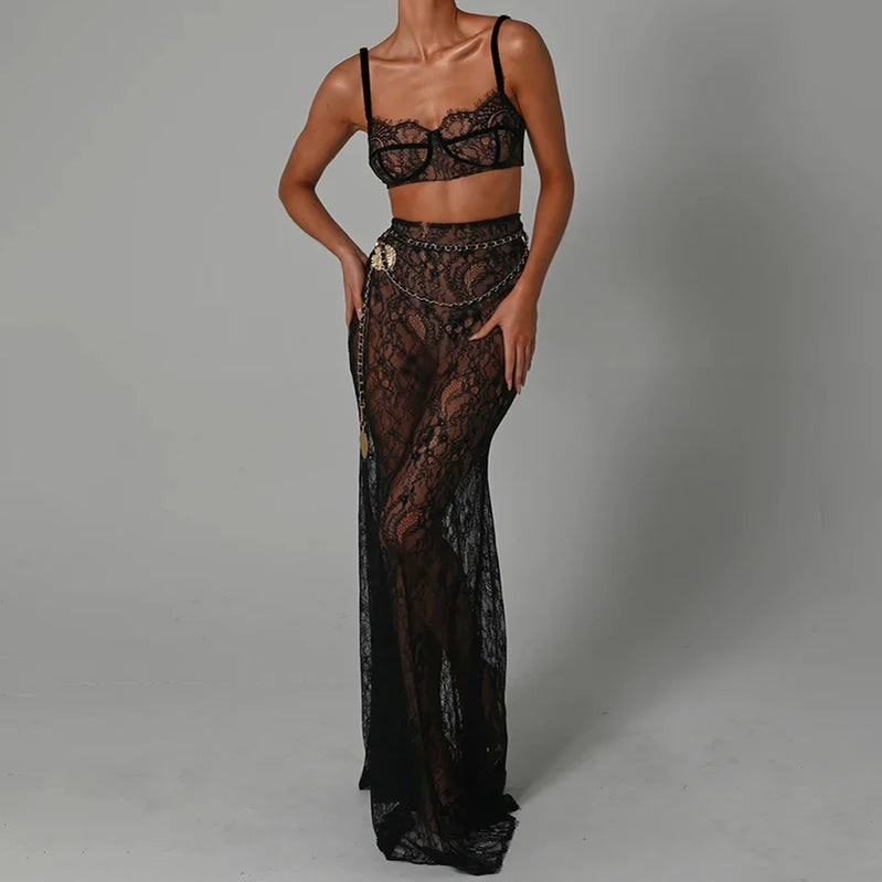 Fantoye Sexy See Through Lace Chain Women Skirt Suit White Spaghetti Strap Crop Top Print Floral Skirt Autumn New Two Piece Sets Black