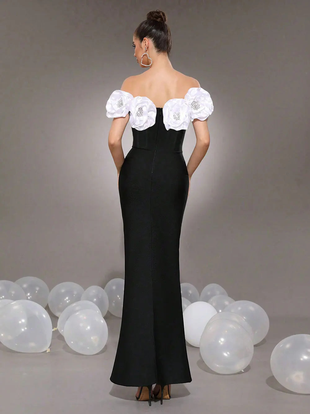 2025 Elegant Women's Light Luxury Flower Design Bandage Dresses One Collar Shoulder Bodycon Bareback Long Dress Party Vestidos