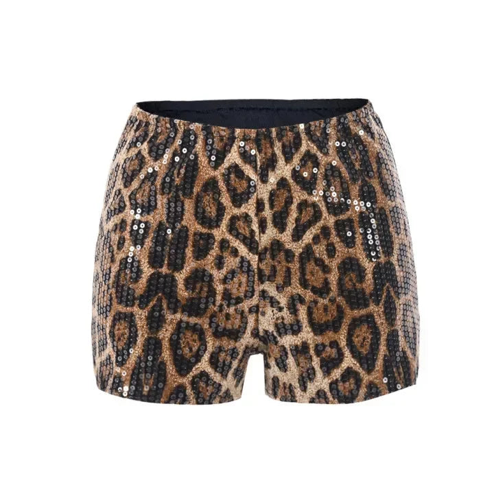 CM.YAYA Women Sequined Leopard Print Sexy High Waist Leggings Shorts Streetwear Elastic Club Party Night Beach Shorts 2024 Leopard