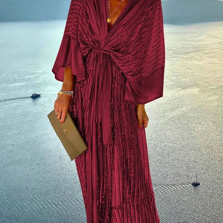 2022 Women Beach Style Three Quarter Batwing Sleeve Holiday Dress V-Neck Sequin Lace-Up Summer Patchwork Ladies Maxi Party Dress 02 Wine Red