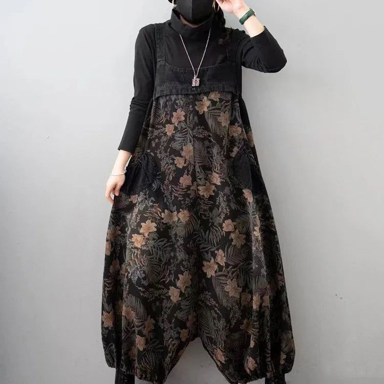 Spring Vintage Streetwear Womens Plus Size Printed Jeans Denim Overalls Ladies Floral Harem Pants Casual Trousers