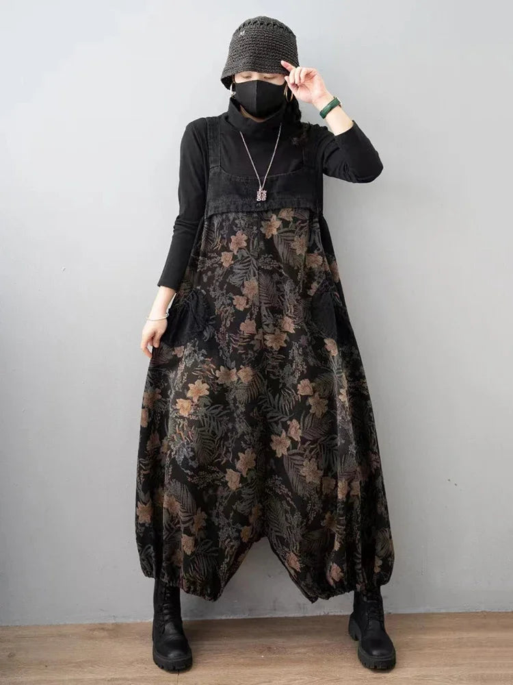 Spring Vintage Streetwear Womens Plus Size Printed Jeans Denim Overalls Ladies Floral Harem Pants Casual Trousers