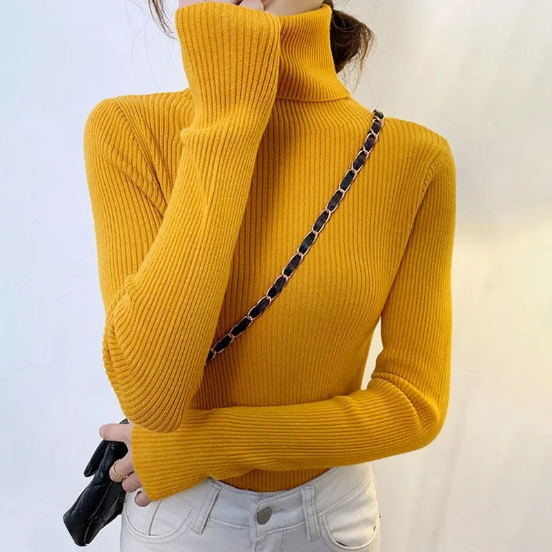 Winter Turtleneck Women's Sweater Knitted Pullover Soft Slim Long Sleeve Top Solid Color Basic High Neck Jumper Woman Clothing yellow-High neck One Size(40-65kg)