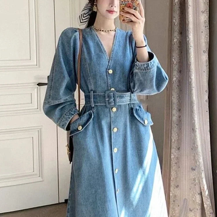 Dresses for Women Autumn V-Neck Temperament Cowboy Dresses LOOSE Solid Robe Korean Fashion Versatile A-line Long Dress