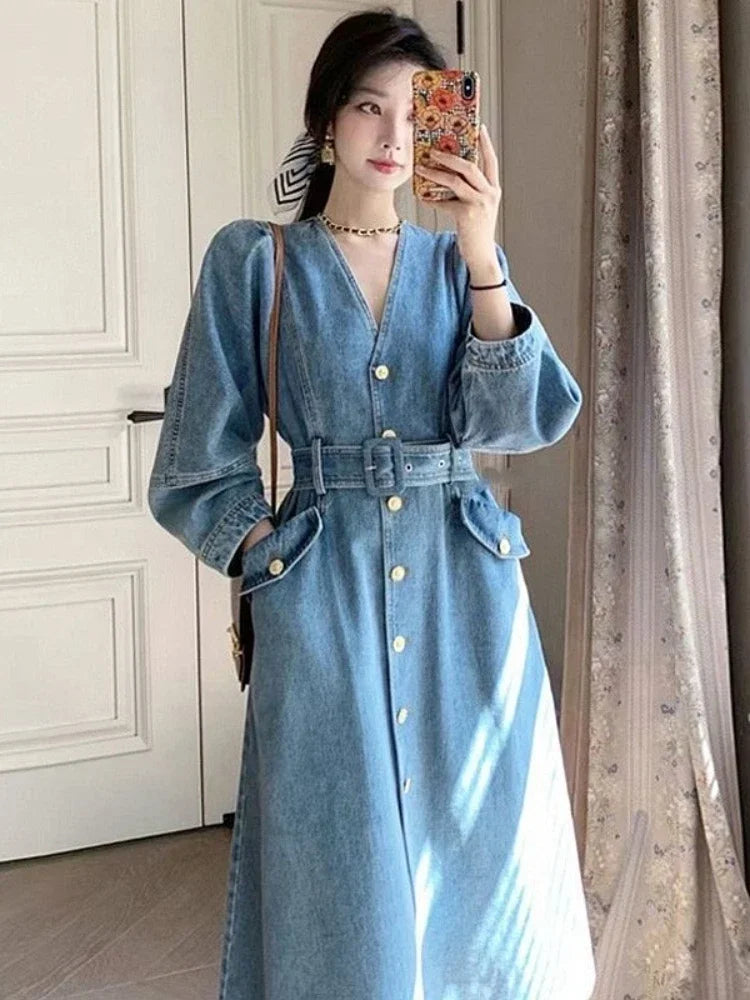 Dresses for Women Autumn V-Neck Temperament Cowboy Dresses LOOSE Solid Robe Korean Fashion Versatile A-line Long Dress
