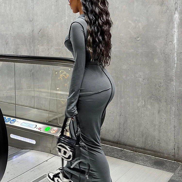 Casual Hooded Maxi Dresses Women Long Sleeve Back Split Sheath Slim Bag Hip Bodycon Robe Lady Office Lady Streetwear