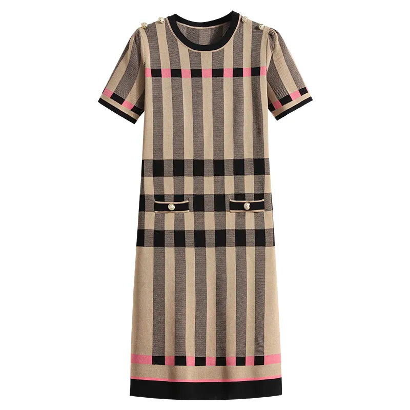 Women Knitted Dresses Spring Autumn Short Sleeve Fashion Striped Slim Sweater Tunics Female Vintage Chic Vestidos Coffee