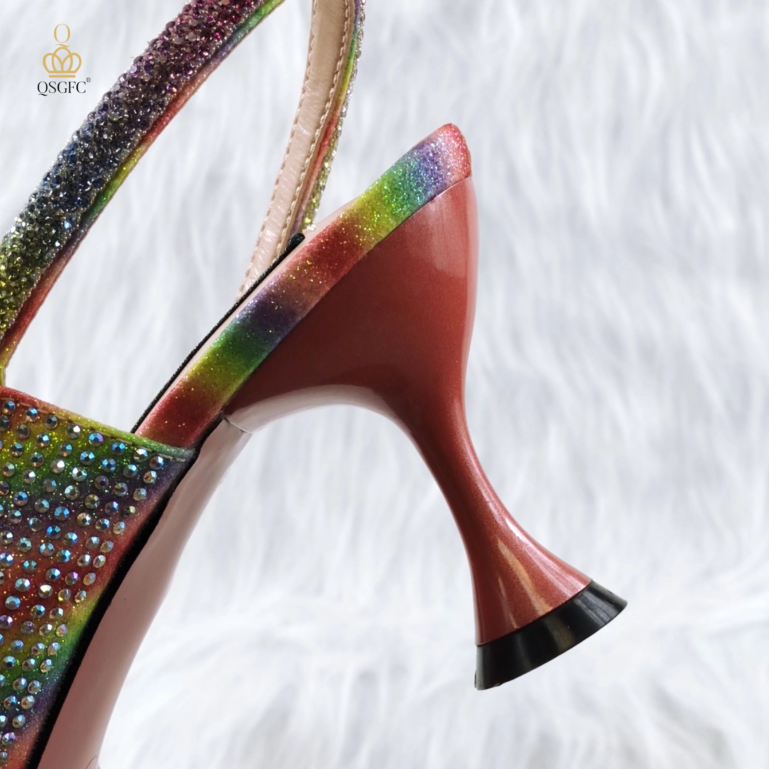 Pointed Rhinestone Shallow Mouth Temperament High Heels Rainbow Color Women's Shoes And Bags