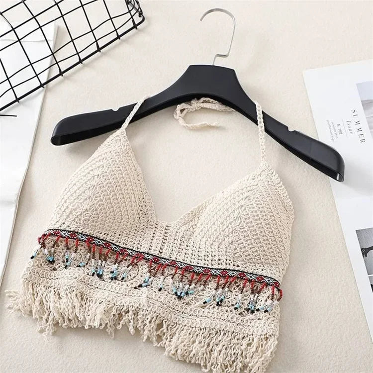 Retro Tops Wild Hollow Perspective Tassel Sexy Spaghetti Strap Women Built In Bra Back Lace Halter Neck y2k clothes corset top Beige 2 Fits 40-75kg