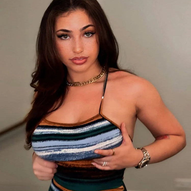 Panelled Striped Mini Dresses Aesthetic Women Sexy Skinny Slash Neck Camisole Backless Vintage Midnight Clubwear Outfits