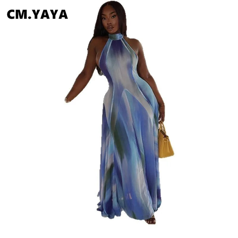CM.YAYA Women Gradient Print O-Neck Sleeveless Bodycon Long Dress 2025 Summer Holiday Birthday Evening Beach Sexy Party Dresses