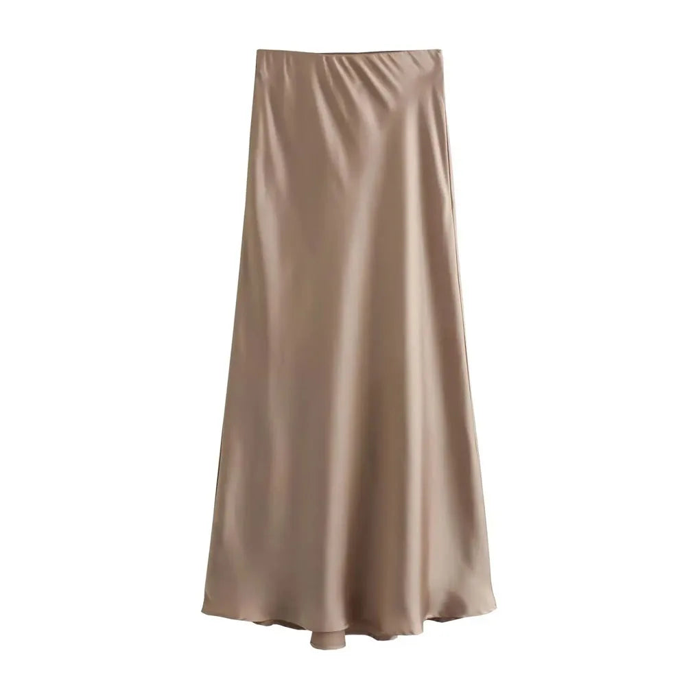 TRAFZA Women Fashion Skirts New Solid Satin Silk Texture Tight Skirt Woman Beach Style Chic And Elegant Women's Mermaid Skirt khaki