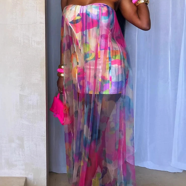 CM.YAYA Women Sleeveless Tie Dye Print Strapless Mesh Bodycon Midi Long Maxi Dress 2025 Birthday Club Party Vestido Sexy Dresses