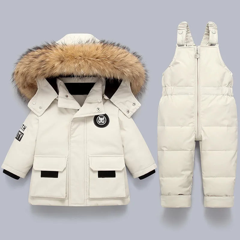 Children Down Suit Winter and Autumn Warm Boy Jacket Natural Fur Collar Baby Girls Snowsuit Coat Kids Parkas Outwear 1-5 Years Beige